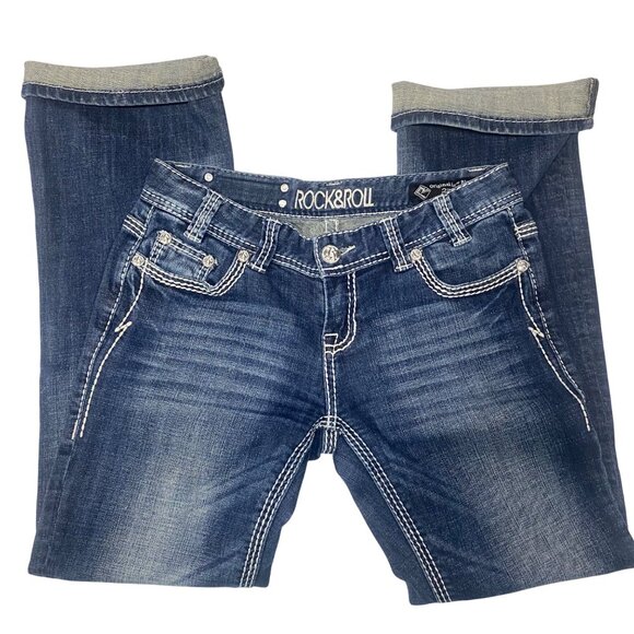 Rock & Roll Cowgirl Bootcut Jeans Womens Size 29 Embroidered Dark Wash Western R - Picture 5 of 14